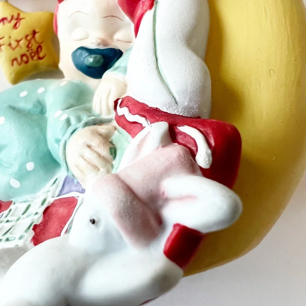 Vintage Silvestri Sleeping Baby Girl Ornament My First Noel Red Bow Moon Holiday